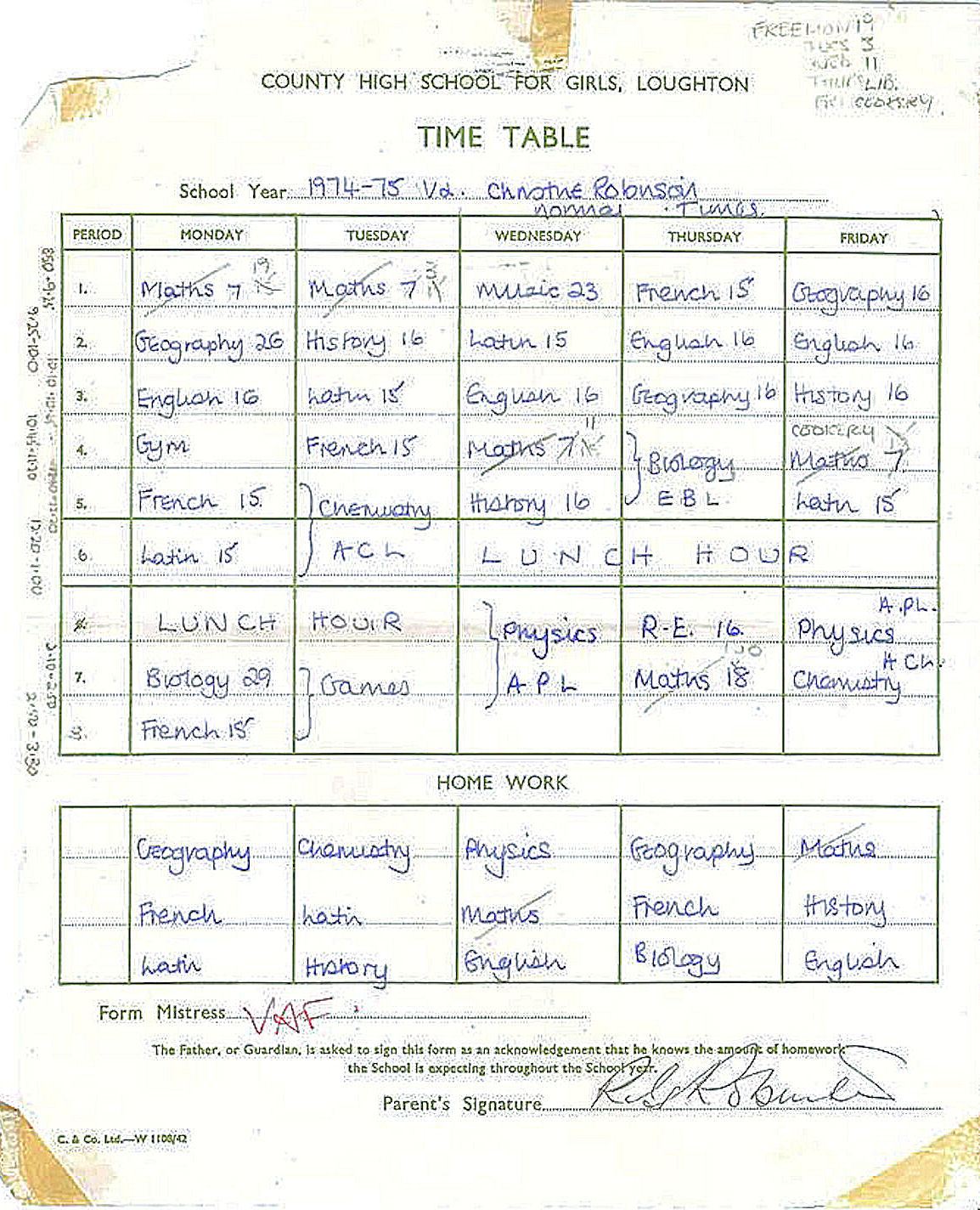 Fifth Form Timetable 1974/5